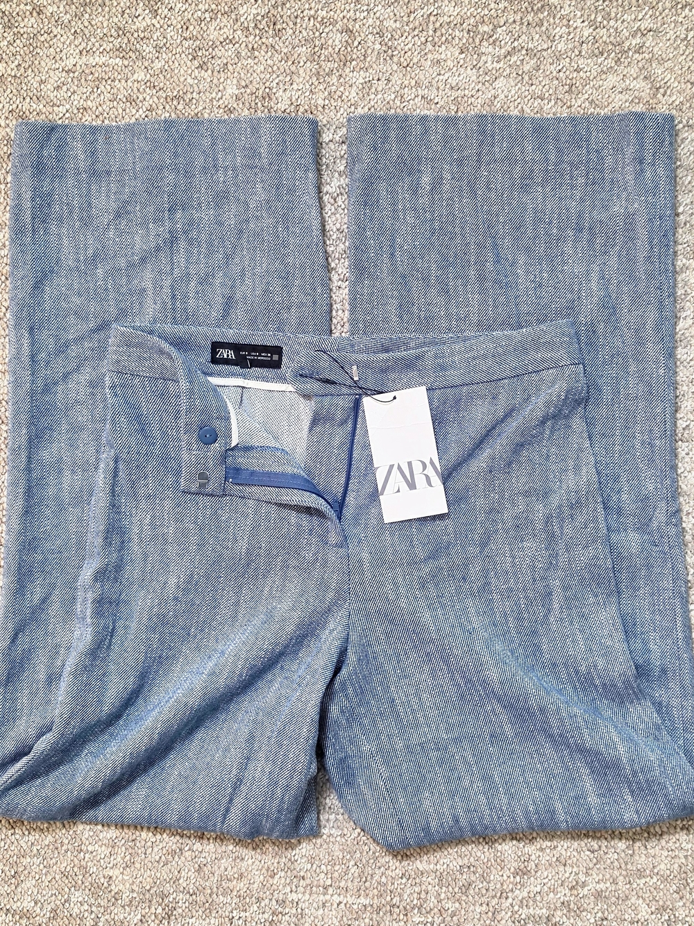 NWT Zara Blue Textured Wide Leg High Rise Pants Trousers Size S Small